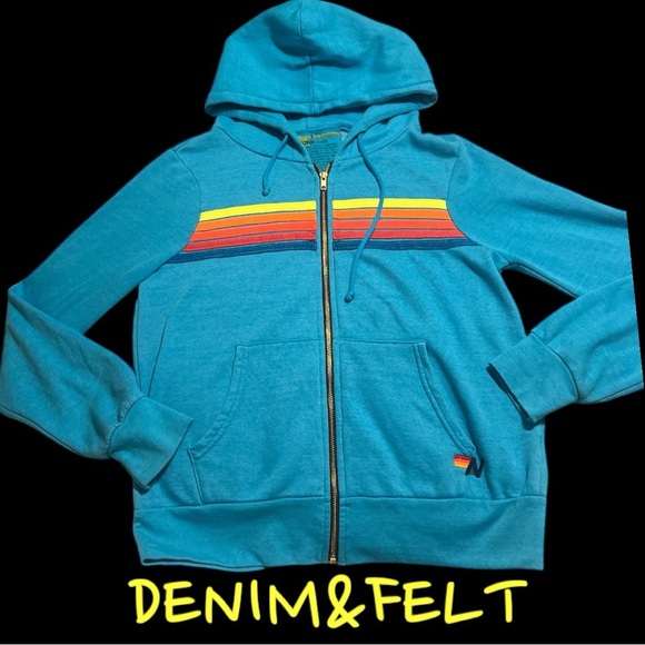 AVIATOR NATION 5 STRIPE HOODIE - NEON BLUE // NEON RAINBOW | EUC!!🩵🌈🩵🌈 - Picture 9 of 13